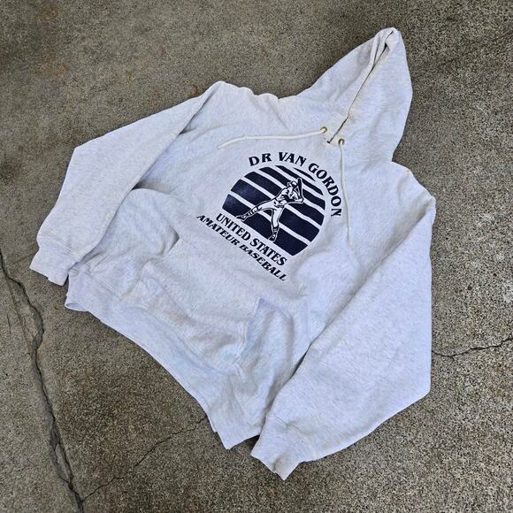 Vtg 90s VAN GORDON U.S. Amateur Baseball Reverse Weave Hooded Sweatshirt XXL Fit - Picture 2 of 8